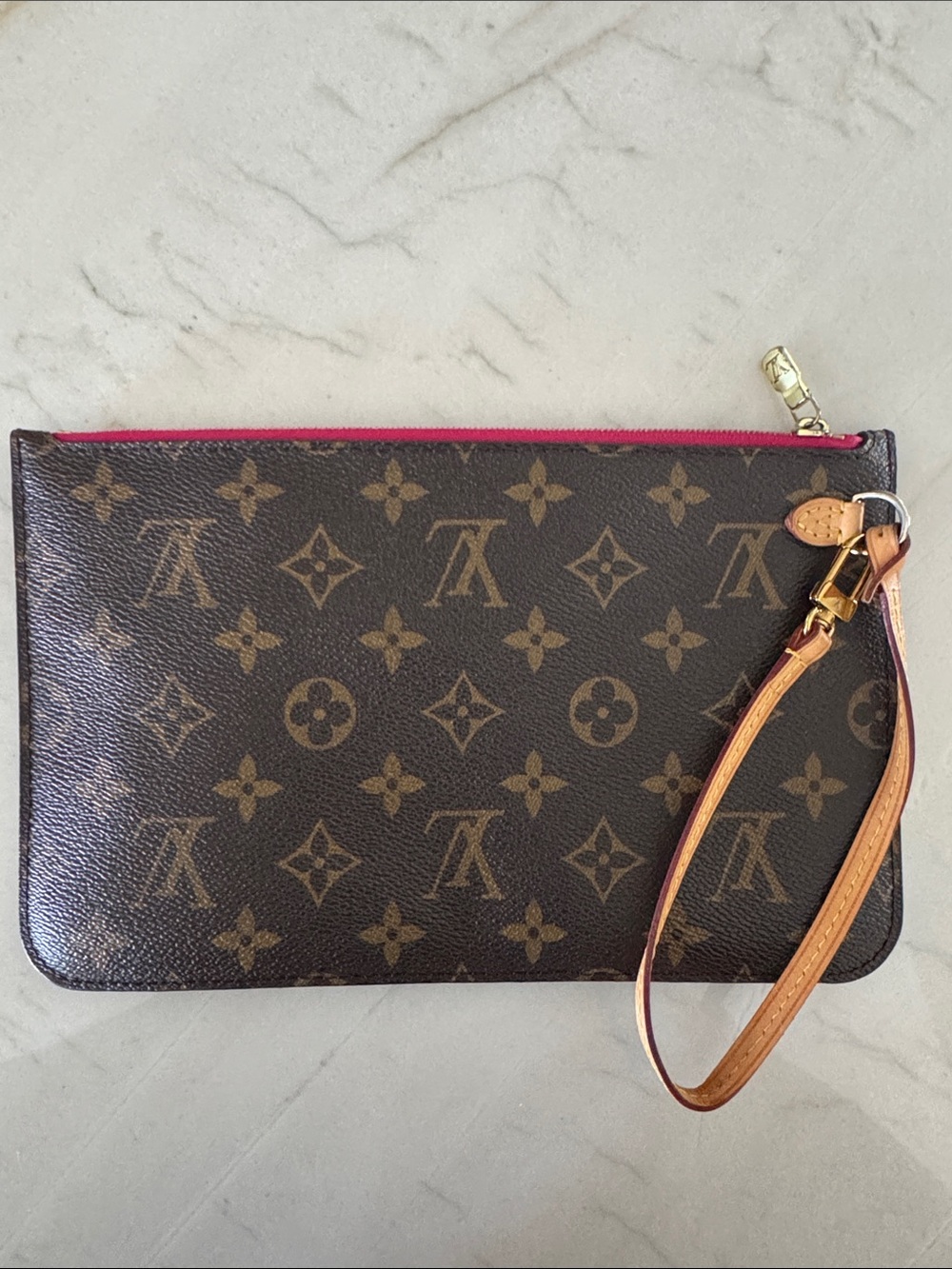 Louis Vuitton Monogram Neverfull Wristlet Pouch Brown Monogram Pink Fuschia